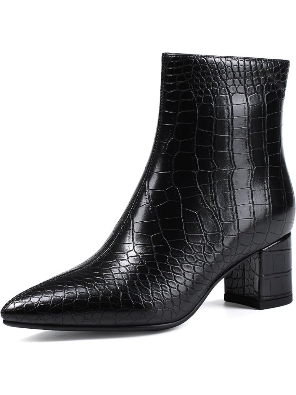 Women Crocodile Black Pointed Toe Comfortable Chunky Heel Side Zipper Ankle Boot